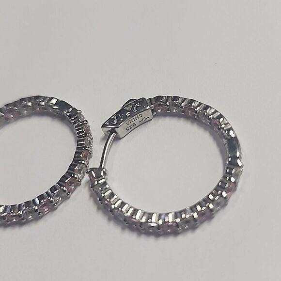 Sterling Silver Clear And Pink Crystal Hoop Earrings 925 - Picture 4 of 4